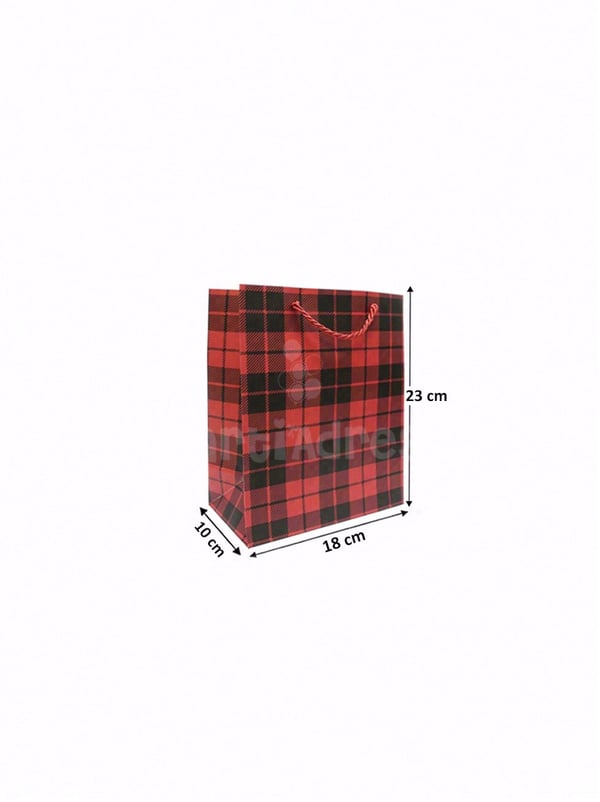 Ekose Desenli Karton Hediye Çantası – Alışveriş Çantası Kırmızı 18x23x10 cm - Desenli Karton Çanta | Parti Adresi