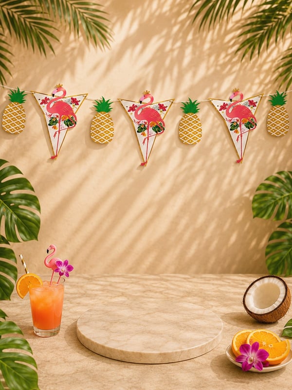 Flamingo Ananas Temalı Dekoratif Banner Tropikal Temalı Doğum Günü Süsü - Yazı ve Flamalar | Parti Adresi
