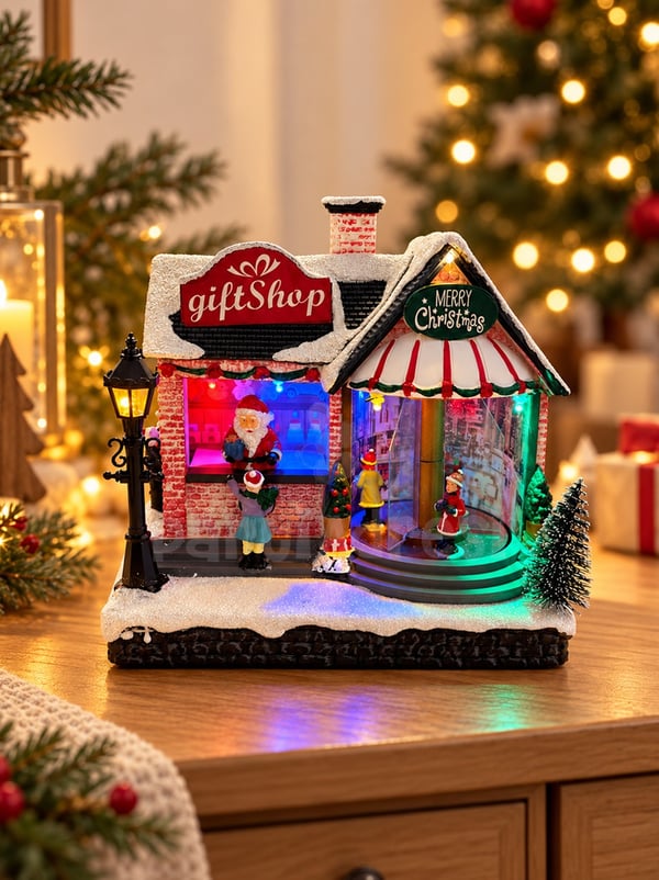 Gift Shop Temalı Yılbaşı Dekoru 20x22 cm – Müzikli Hareketli Işıklı Yılbaşı Süsü - Yılbaşı Dekor Süsleri | Parti Adresi