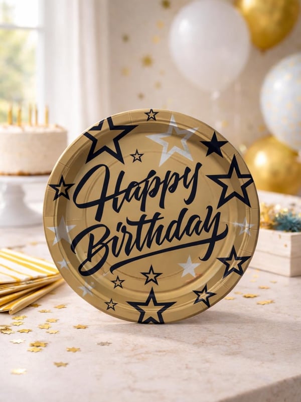Golden Stras Happy Birthday Baskılı Altın Tabak - Karton Tabaklar | Parti Adresi