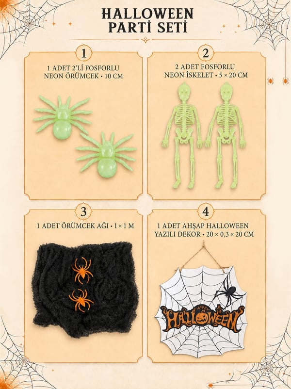 Halloween Fosforlu Parti Dekor Seti  –  Örümcek İskelet Örümcek Ağı ve Ahşap Süs  - Halloween Setler ve Folyo Balon | Parti Adresi