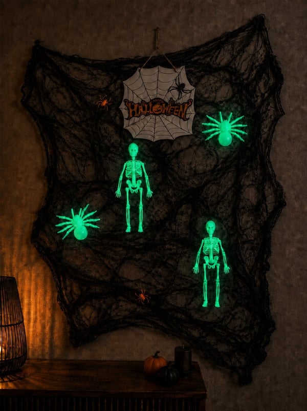 Halloween Fosforlu Parti Dekor Seti  –  Örümcek İskelet Örümcek Ağı ve Ahşap Süs  - Halloween Setler ve Folyo Balon | Parti Adresi