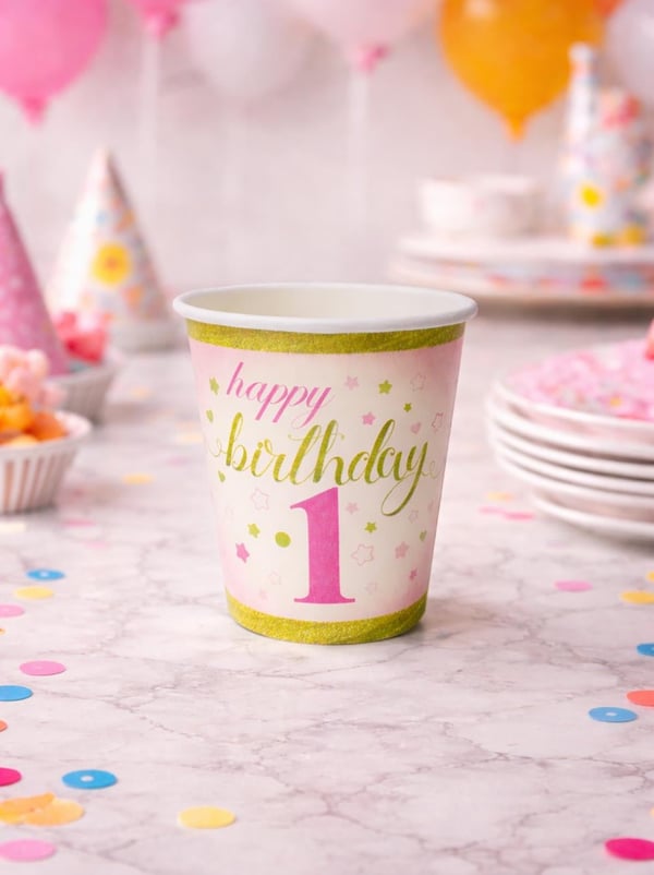 Happy Birthday 1 Yaş Karton Bardak Pembe – Doğum Günü Parti Bardağı 8 Adet - 1 Yaş Doğum Günü Kız | Parti Adresi