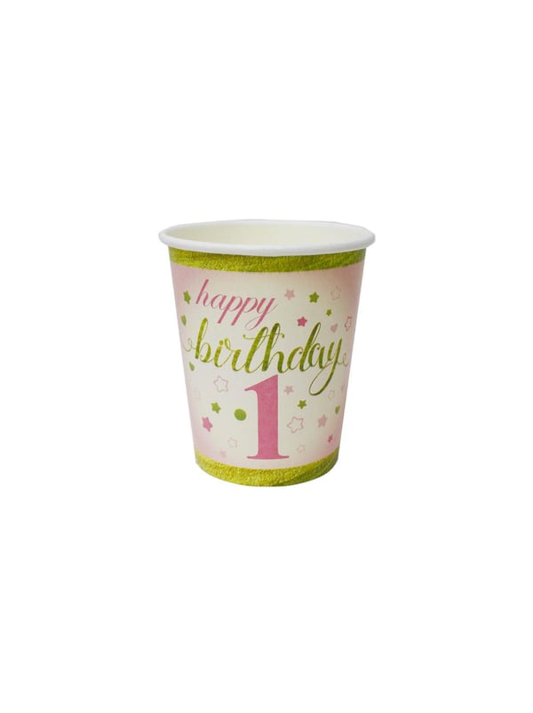 Happy Birthday 1 Yaş Karton Bardak Pembe – Doğum Günü Parti Bardağı 8 Adet - 1 Yaş Doğum Günü Kız | Parti Adresi