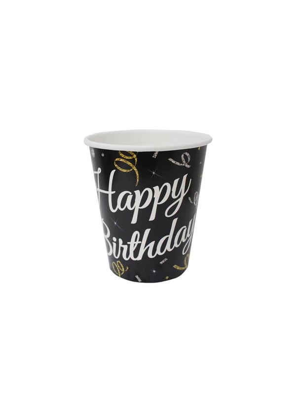 Happy Birthday Bardak Siyah - Karton Bardaklar | Parti Adresi