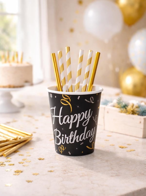 Happy Birthday Bardak Siyah - Karton Bardaklar | Parti Adresi