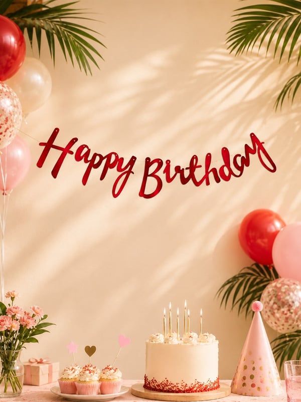 Happy Birthday Kaligrafi Banner Kırmızı - Yazı ve Flamalar | Parti Adresi