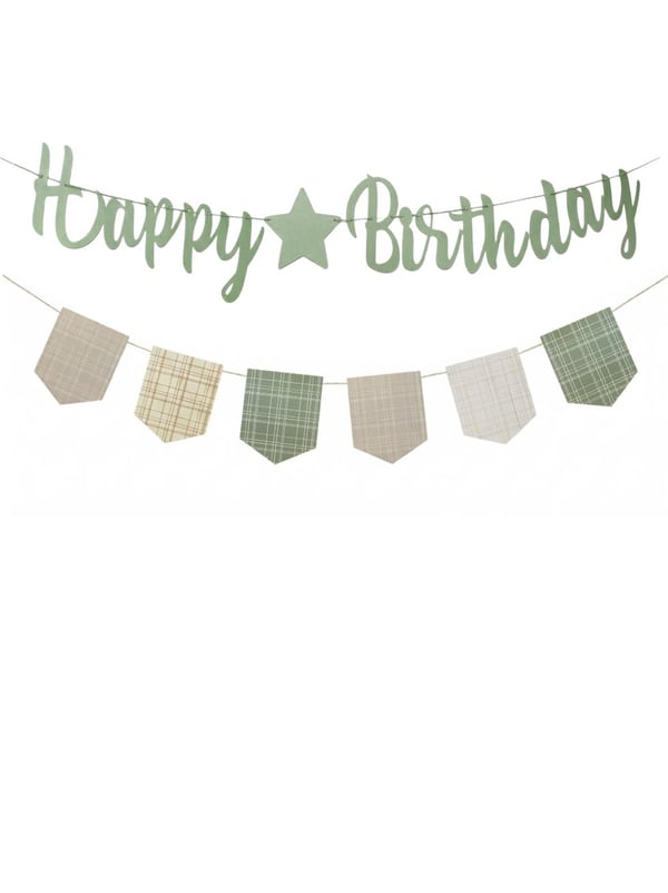 Happy Birthday Kaligrafi Banner – Retro Ekose Bayraklı Doğum Günü Süsü Yeşil - Yazı ve Flamalar | Parti Adresi