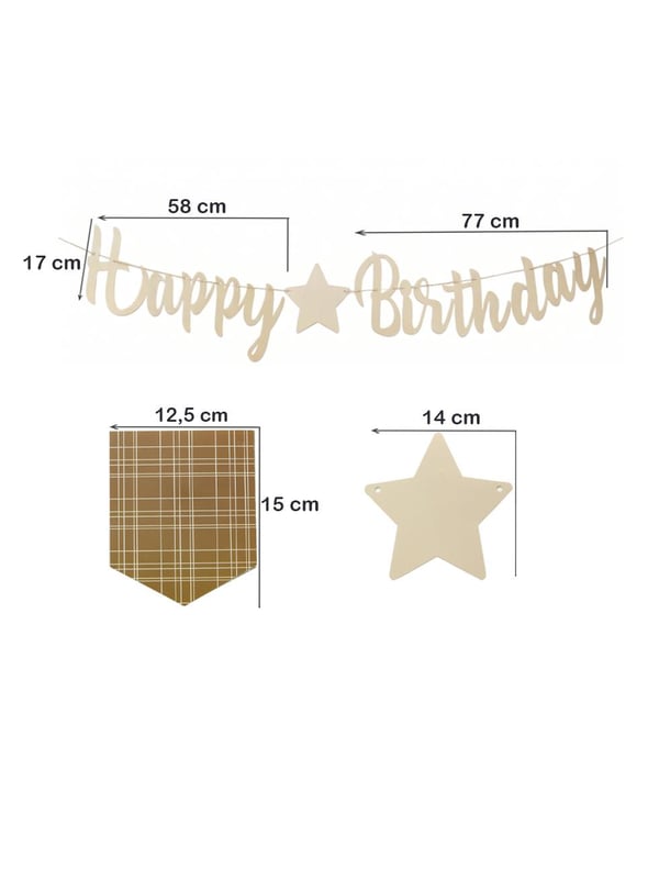 Happy Birthday Kaligrafi Banner – Retro Ekose Bayraklı Doğum Günü Süsü Bej - Yazı ve Flamalar | Parti Adresi