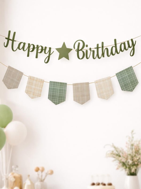 Happy Birthday Kaligrafi Banner – Retro Ekose Bayraklı Doğum Günü Süsü Yeşil - Yazı ve Flamalar | Parti Adresi