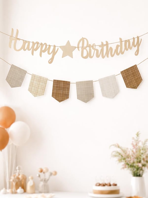 Happy Birthday Kaligrafi Banner – Retro Ekose Bayraklı Doğum Günü Süsü Bej - Yazı ve Flamalar | Parti Adresi