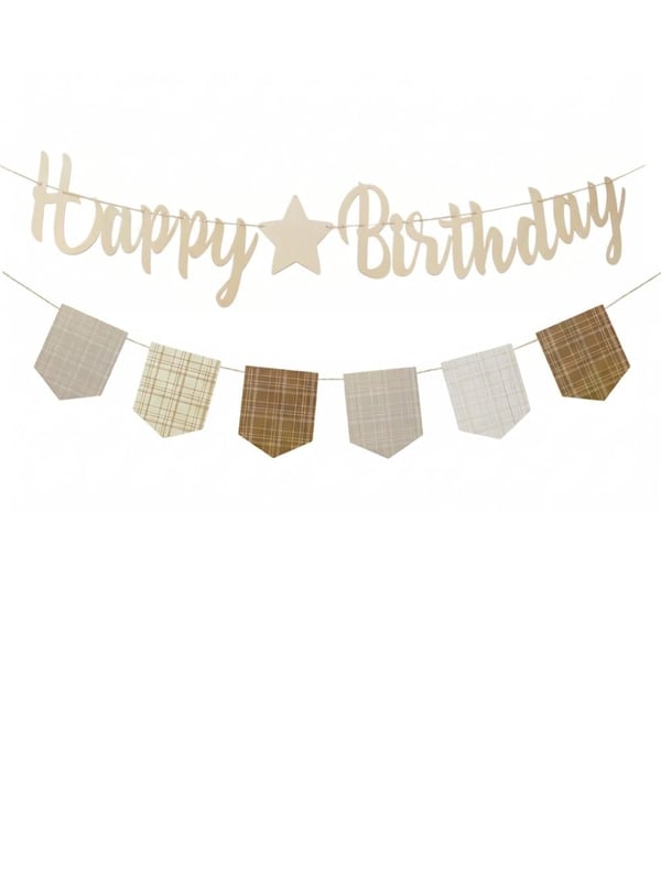 Happy Birthday Kaligrafi Banner – Retro Ekose Bayraklı Doğum Günü Süsü Bej - Yazı ve Flamalar | Parti Adresi