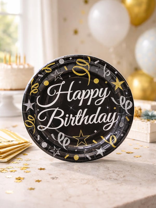 Happy Birthday Karton Tabak Siyah 8'li - Karton Tabaklar | Parti Adresi