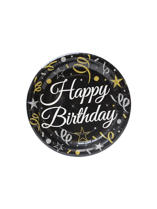 Happy Birthday Karton Tabak Siyah 8'li - Karton Tabaklar | Parti Adresi
