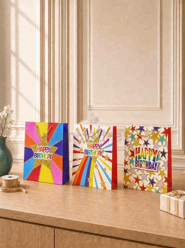 Happy Birthday Simli Karton Çanta – Hediye Alışveriş Çantası 26x32x12 cm 12'li - Desenli Karton Çanta | Parti Adresi