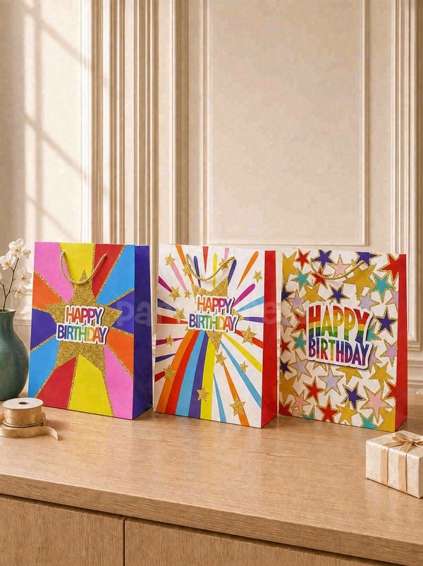 Happy Birthday Simli Karton Çanta – Hediye Alışveriş Çantası 30x40x12 cm 12'li - Desenli Karton Çanta | Parti Adresi