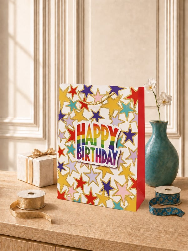 Happy Birthday Simli Karton Çanta – Hediye Alışveriş Çantası Beyaz 30x40x12 cm - Desenli Karton Çanta | Parti Adresi