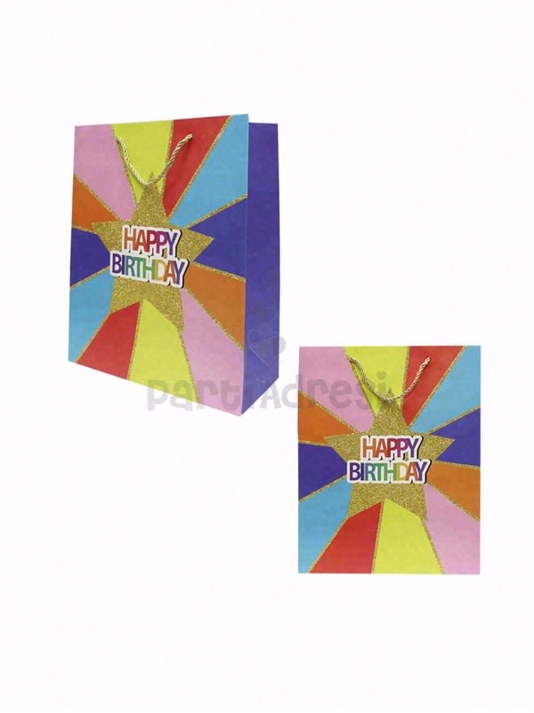 Happy Birthday Simli Karton Çanta – Hediye Alışveriş Çantası Mavi 26x32x12 cm - Desenli Karton Çanta | Parti Adresi