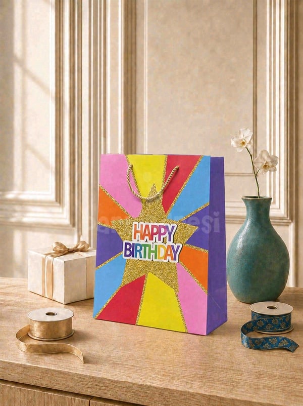 Happy Birthday Simli Karton Çanta – Hediye Alışveriş Çantası Mavi 26x32x12 cm - Desenli Karton Çanta | Parti Adresi