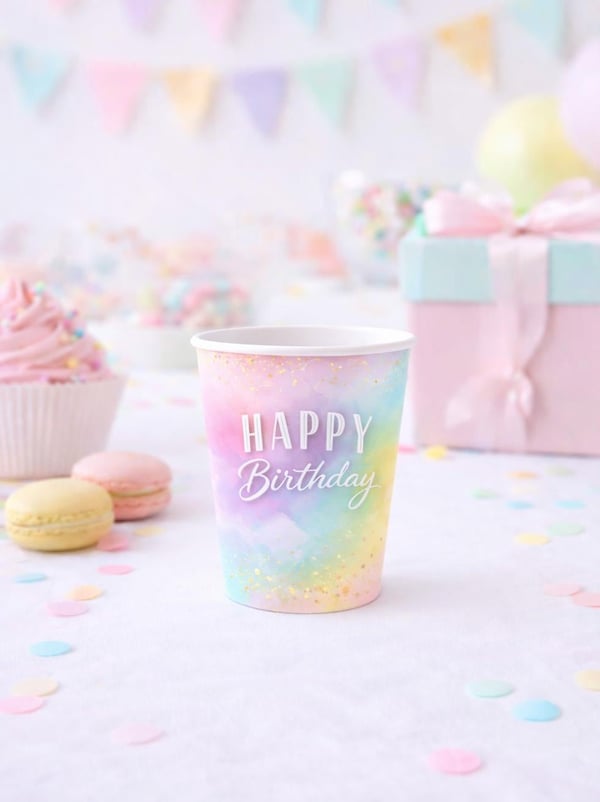 Happy Birthday Temalı Bardak Makaron Doğum Günü Karton Bardağı 8'li - Karton Bardaklar | Parti Adresi