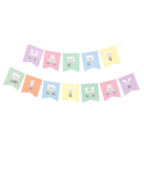 Happy Birthday Yazı Doğum Günü Banner Parti Süsü Makaron Gümüş - Yazı ve Flamalar | Parti Adresi