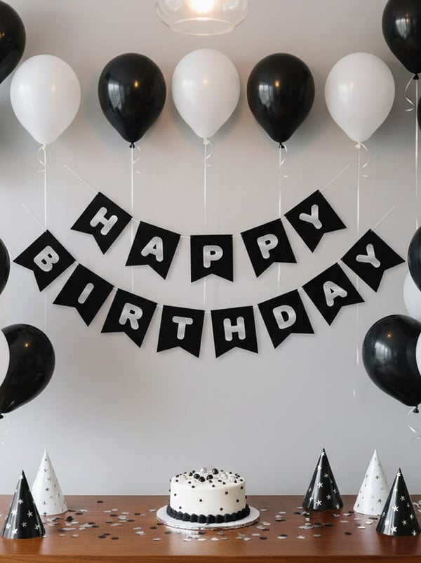 Happy Birthday Yazı Doğum Günü Banner Siyah Gümüş - Yazı ve Flamalar | Parti Adresi