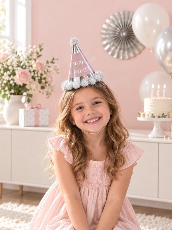 Happy Birthday Yazılı Ponponlu Doğum Günü Şapkası Pembe Gümüş - Parti Şapkaları | Parti Adresi