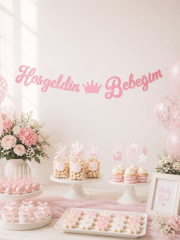 Hoş Geldin Bebeğim Yazılı Kaligrafi Banner Pembe - Hoşgeldin Kızım | Parti Adresi