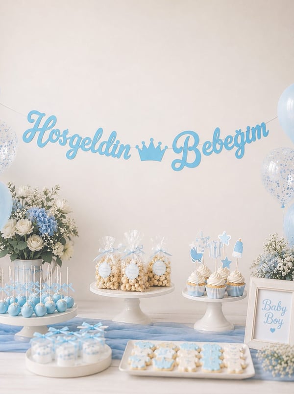 Hoş Geldin Bebeğim Yazılı Kaligrafi Banner Mavi - Hoşgeldin Oğlum | Parti Adresi
