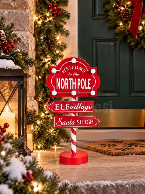 Işıklı Yılbaşı Dekoru North Pole Tabelası 35 cm – Ayaklı Dekoratif Noel Süsü - Yılbaşı Dekor Süsleri | Parti Adresi