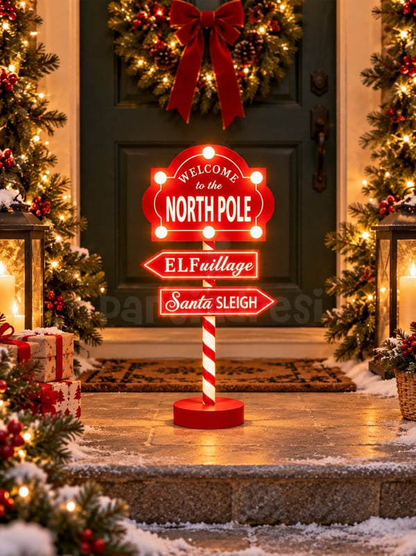 Işıklı Yılbaşı Dekoru North Pole Tabelası 35 cm – Ayaklı Dekoratif Noel Süsü - Yılbaşı Dekor Süsleri | Parti Adresi