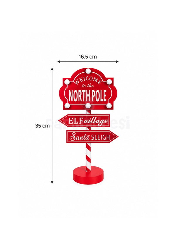 Işıklı Yılbaşı Dekoru North Pole Tabelası 35 cm – Ayaklı Dekoratif Noel Süsü - Yılbaşı Dekor Süsleri | Parti Adresi