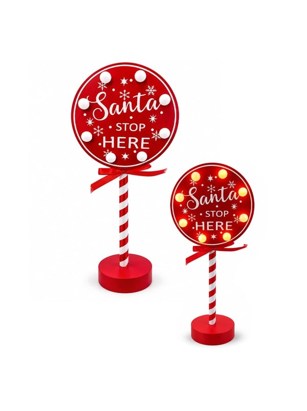 Işıklı Yılbaşı Dekoru Santa Stop Here Tabela 32 cm – Ayaklı Masaüstü Noel Süsü - Yılbaşı Dekor Süsleri | Parti Adresi
