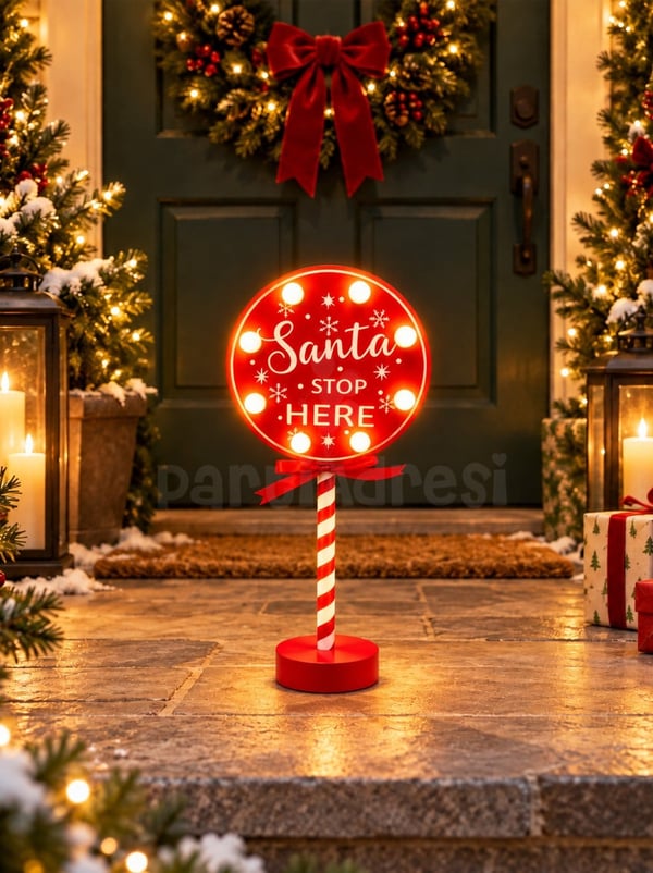 Işıklı Yılbaşı Dekoru Santa Stop Here Tabela 32 cm – Ayaklı Masaüstü Noel Süsü - Yılbaşı Dekor Süsleri | Parti Adresi