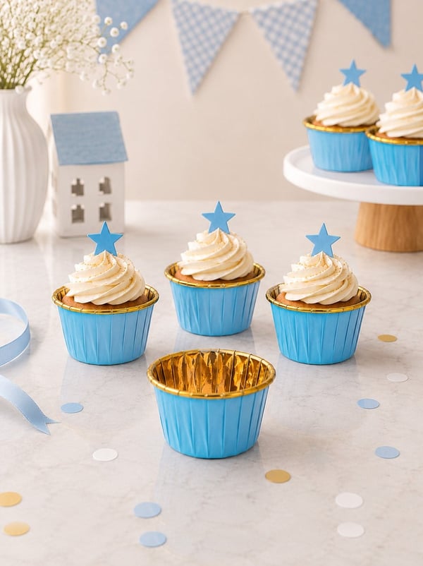 Kağıt Muffin Kek Kalıbı 25'li Mavi - Gold - Kağıt Kek Kalıpları | Parti Adresi