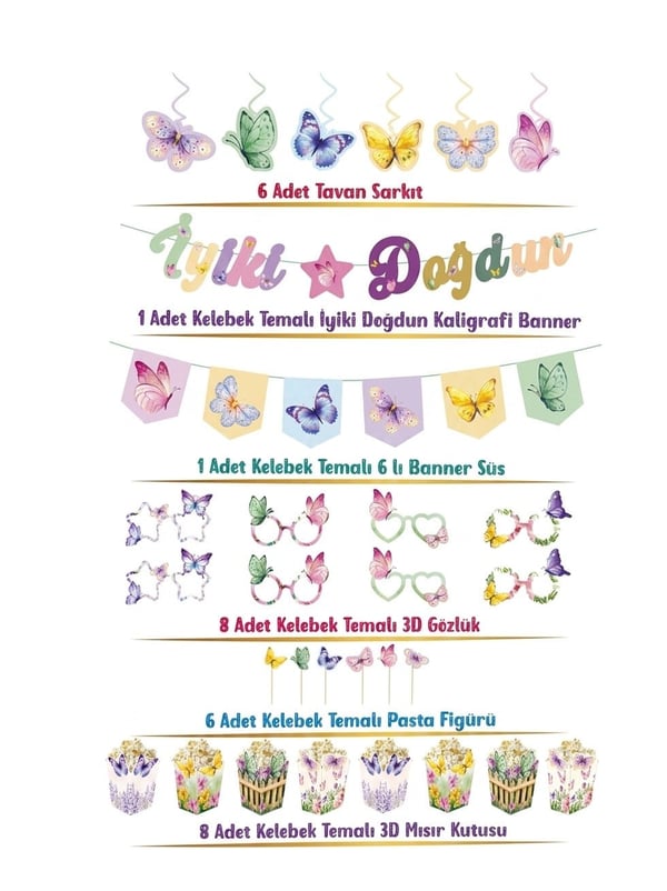 Kelebek Temalı Doğum Günü Parti Seti – İyi Ki Doğdun Parti Dekorasyon Paketi - Kelebek Temalı Parti | Parti Adresi