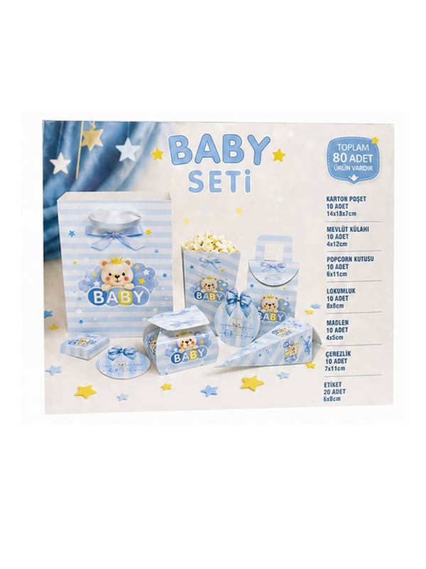 Mavi Ayıcıklı Baby Parti Seti – 80 Parça Bebek Doğum Günü & Mevlüt Seti - Hediye Kutuları | Parti Adresi
