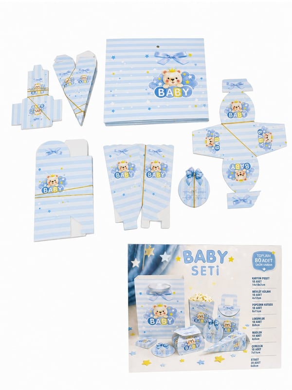 Mavi Ayıcıklı Baby Parti Seti – 80 Parça Bebek Doğum Günü & Mevlüt Seti - Hediye Kutuları | Parti Adresi