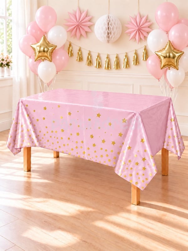 Metalize Masa Örtüsü Gold Yıldız Desenli Pembe 137 x 183 cm - Masa Örtüsü - Masa Eteği | Parti Adresi