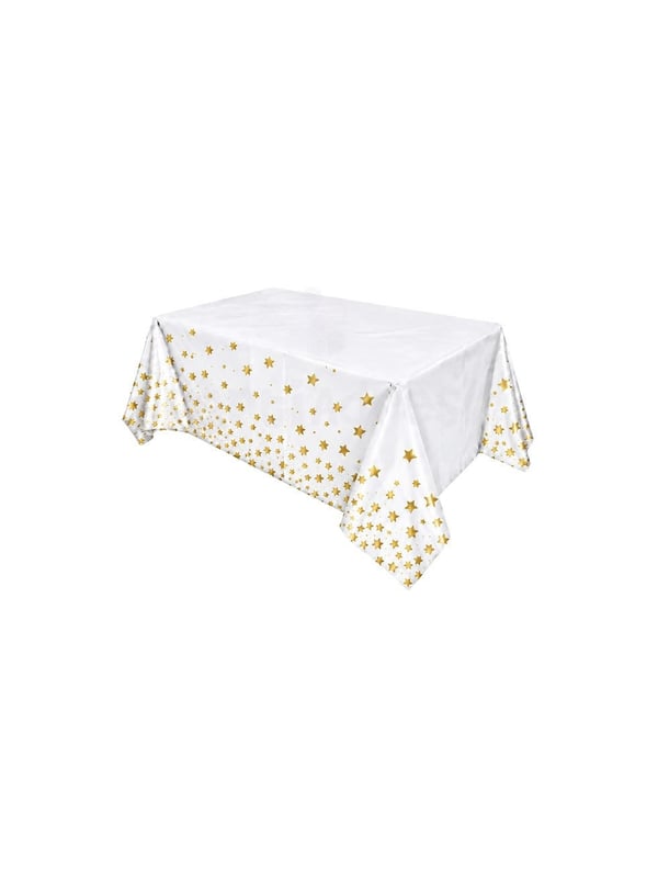 Metalize Masa Örtüsü Gold Yıldız Desenli Beyaz 137 x 183 cm - Masa Örtüsü - Masa Eteği | Parti Adresi