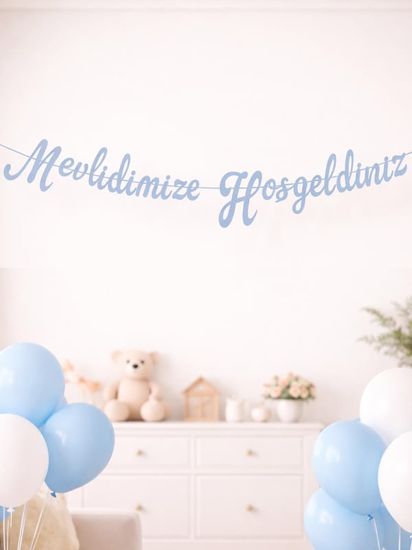 Mevlidimize Hoşgeldiniz Yazılı Kaligrafi Banner Dekoratif Süs Mavi - Hoşgeldin Bebeğim | Parti Adresi