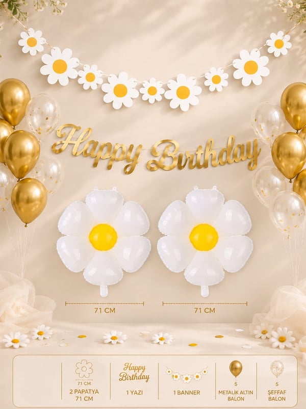 Papatya Konsept Doğum Günü Süsleme Seti Gold Happy Birthday Yazılı - Parti Seti | Parti Adresi