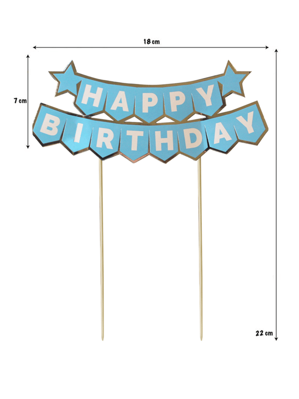 Pasta Üstü Banner Happy Birthday Yazılı Doğum Günü Pasta Süsü Mavi Gümüş