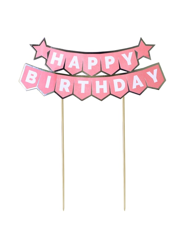Pasta Üstü Banner Happy Birthday Yazılı Doğum Günü Pasta Süsü Pembe Gümüş