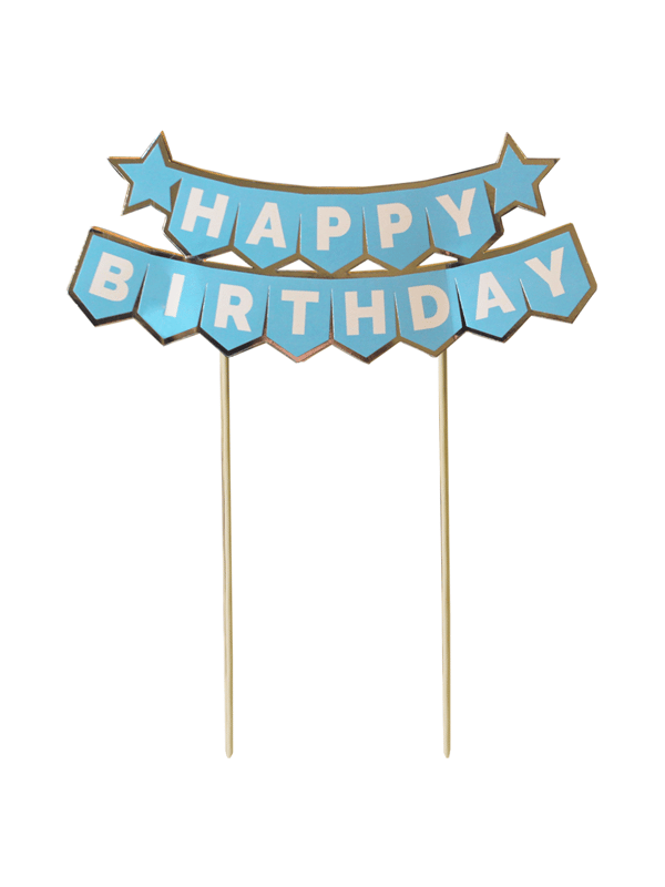 Pasta Üstü Banner Happy Birthday Yazılı Doğum Günü Pasta Süsü Mavi Gümüş