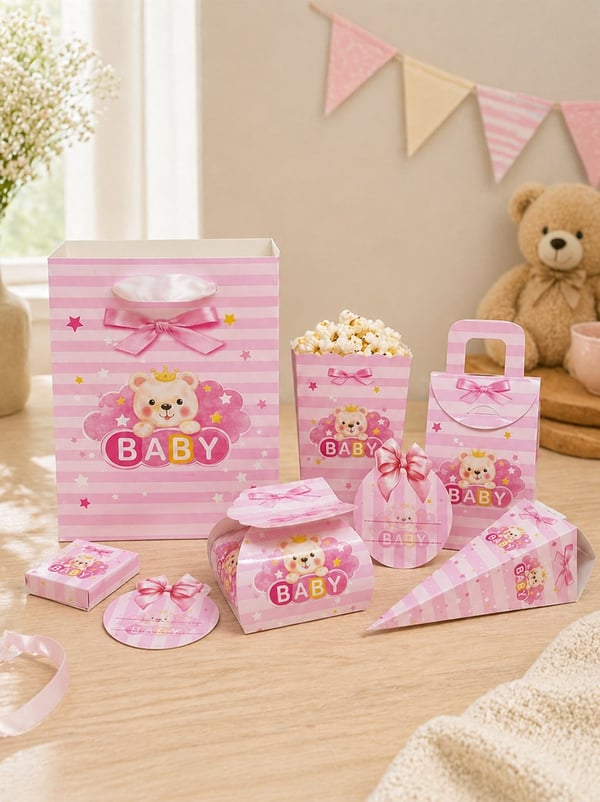 Pembe Ayıcıklı Baby Parti Seti – 80 Parça Bebek Doğum Günü & Mevlüt Seti - Hediye Kutuları | Parti Adresi