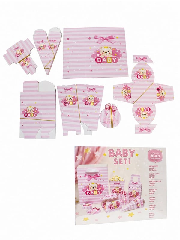 Pembe Ayıcıklı Baby Parti Seti – 80 Parça Bebek Doğum Günü & Mevlüt Seti - Hediye Kutuları | Parti Adresi