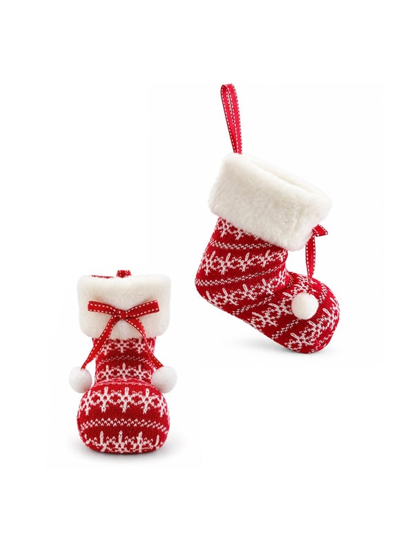 Yılbaşı Ağaç ve Şömine Süsü Kırmızı Beyaz Ponponlu Noel Çorabı 15 cm - Ağaç Süsleri - Asmalı Süsler | Parti Adresi