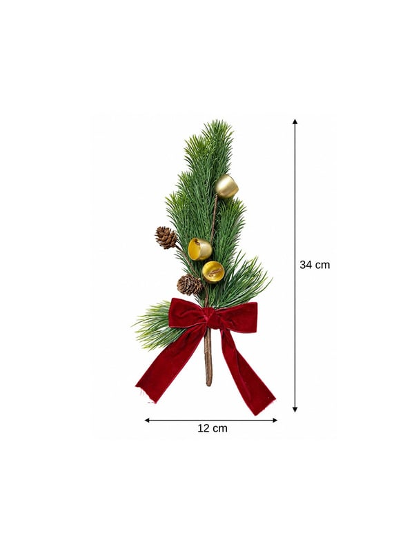 Yılbaşı Çam Dalı Dekoru 34 cm – Gold Çanlı Kozalaklı Kurdeleli Süs - Yılbaşı Dekor Süsleri | Parti Adresi