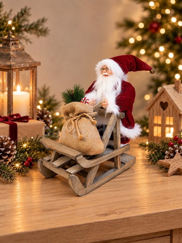 Yılbaşı Dekoru Çuvallı Kızaklı Noel Baba 32 cm - Noel Baba/Kardan Adam | Parti Adresi